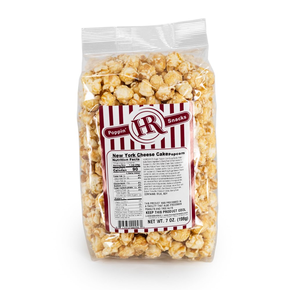 New York Cheesecake Popcorn | 7 oz. | Rich & Creamy Coating | Fresh Popcorn | Sweet Snack | Made in Gibbon, NE | HR Poppin' Snacks