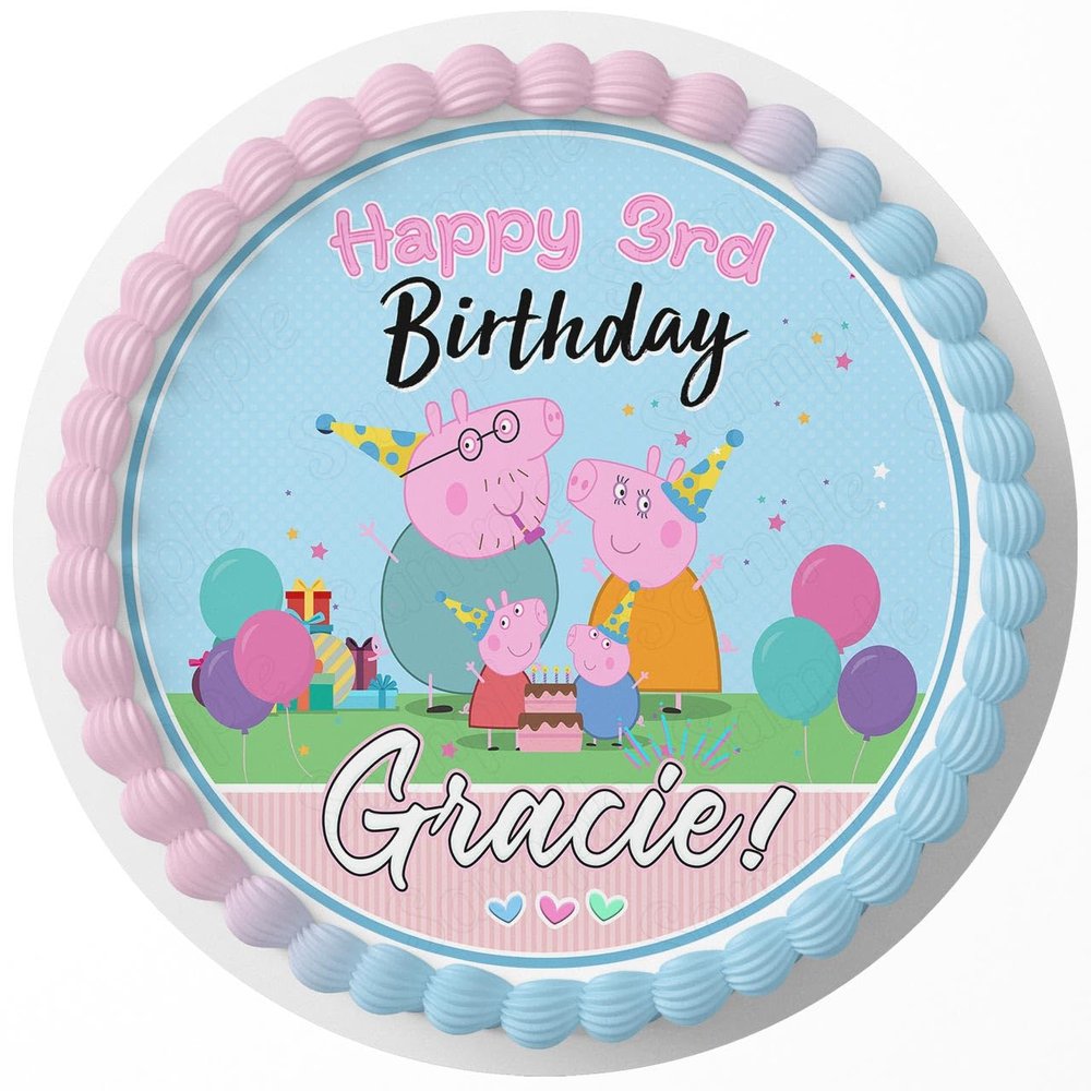 7.5 Inch Edible Cake Topper Pink Pig Kids Fun Girls Family Themed Birthday Party Collection of Edible Cake Decorations round