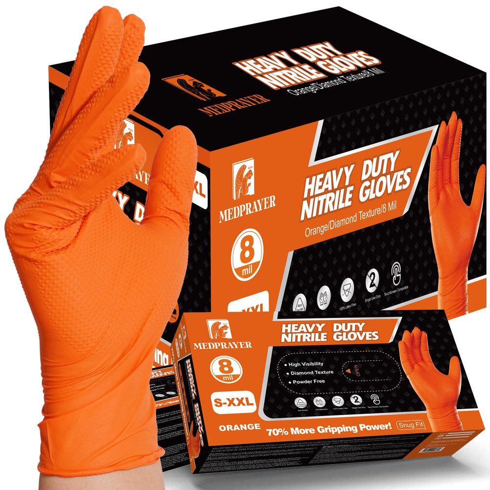 MEDPRAYER Industrial Orange Nitrile Gloves Disposable Rubber Gloves 8 Mil Raised Diamond Texture, Latex & Powder Free - Size M, Pack of 50