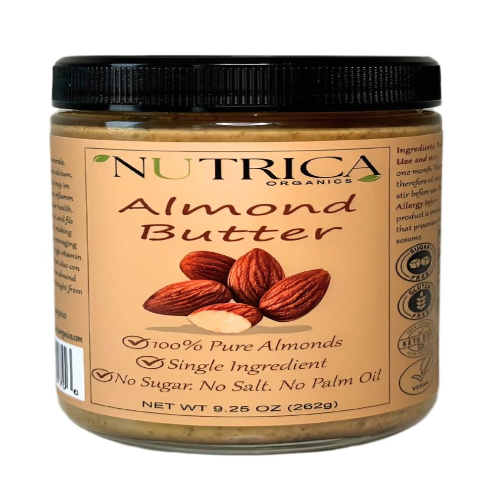 100% Pure Almond Butter, Single Ingredient, No Salt, No Sugar, No Palm Oil, Double Sealed Jar, No Additives, Vegan, Plant Based Protein, Premium Roasted Almonds (9.25 Ounce)