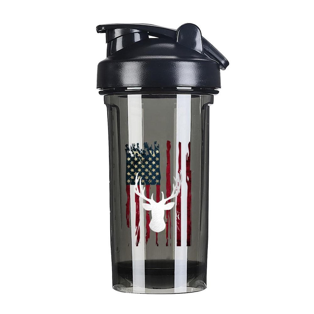 America Flag Deer 18 Ounce Shaker Bottle Drink Mixer Leak-proof Pre Workout Protein Shakes Meal Replacement Shakes Bottles 500ML/18 Oz Black
