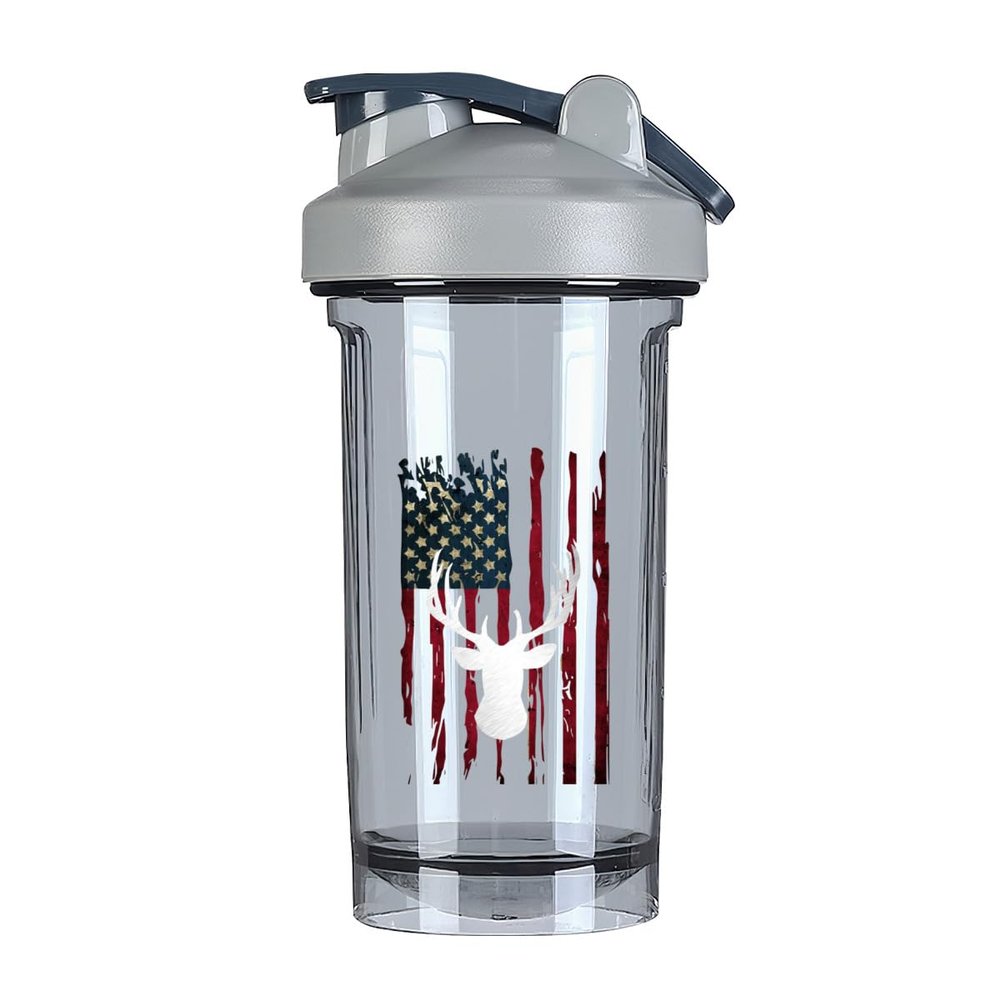 America Flag Deer 18 Ounce Shaker Bottle Drink Mixer Leak-proof Pre Workout Protein Shakes Meal Replacement Shakes Bottles 500ML/18 Oz Gray