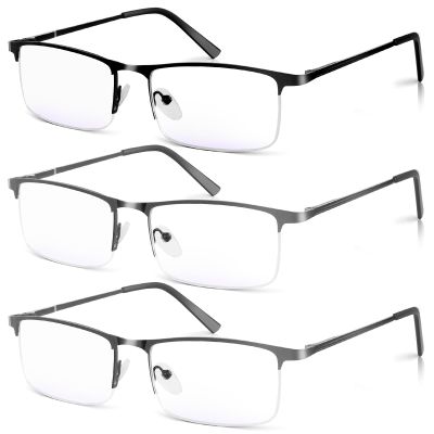 WEIMELTOY 3 Pack Blue Light Blocking Reading Glasses for Men, Stylish Half Frame Metal Computer Readers, Lightweight Spring Hinge Eyeglasses Anti Eyestrain/Glare/UV (2PCS Gray+1PCS Black,+0.0)