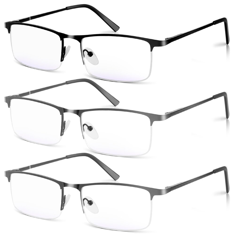 WEIMELTOY 3 Pack Blue Light Blocking Reading Glasses for Men, Stylish Half Frame Metal Computer Readers, Lightweight Spring Hinge Eyeglasses Anti Eyestrain/Glare/UV (2PCS Gray+1PCS Black,+0.0)