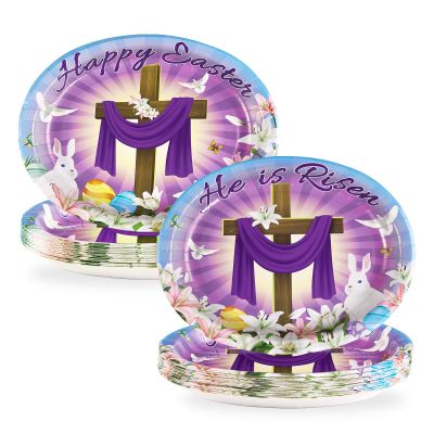 50PCS He is Risen Oval Paper Plates 10" X 12" Disposable Easter Jesus Plates Happy Easter Paper Plates Cross Easter Tableware for Spring Lily Floral Religion Christ Easter Day Party Decorations