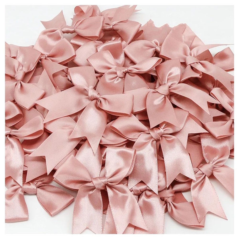 homeemoh 50pcs Satin Ribbon Bows 3" Small Premade Bowknot Cute Bows Decoration for Christmas Candy Treat Bag Gift Wrapping Sewing Accessories (Rose Gold)