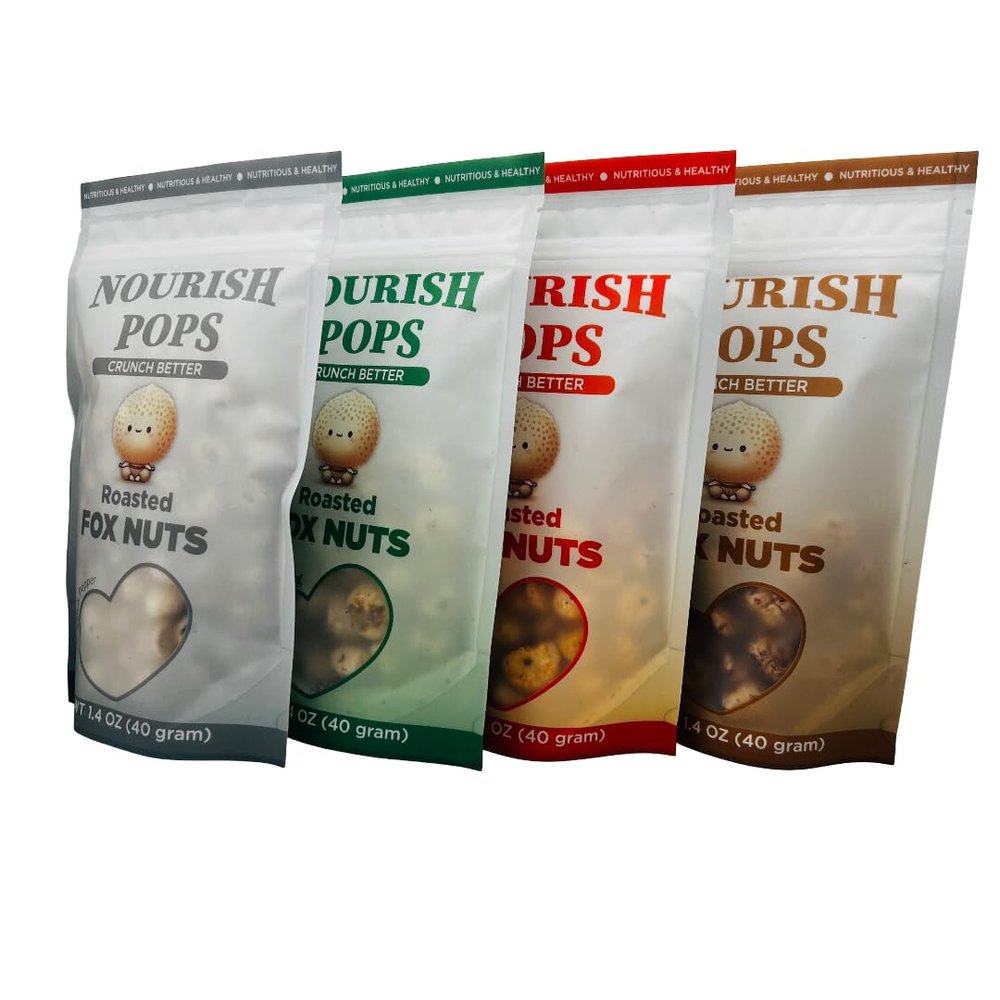 Nourish Pops - Roasted & Flavored Fox Nuts | Pack of 4 | Popped Water Lily Seeds | Healthy, Crunchy, and Nutrient-Rich | Premium Snacks | (4, Variety)