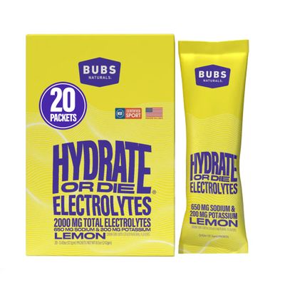 BUBS Naturals - Hydrate or Die Electrolytes Powder Packets for Fast Absorption | Premium 2000mg Electrolyte Powder | for Sports, Recovery & Well-Being (Natural Lemon Flavor, 20 Sticks)