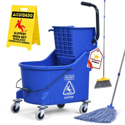 Matthew Cleaning Blue 44Quart Commercial Mop Bucket INCL.Wet String Mop& 19'' Industrial Wet Floor Sign with Side Press Wringer On Wheels,Tandem Portable Floor Cleaning Wavebrake,Ideal for Household