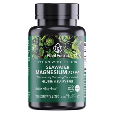 PlantFusion Vegan Magnesium Complex 375mg from Sea Water, Bioavailable Marine Magnesium with Fermented Organic Whole Food Blend, Non-GMO, Muscle & Relaxation Support, 120 Cap