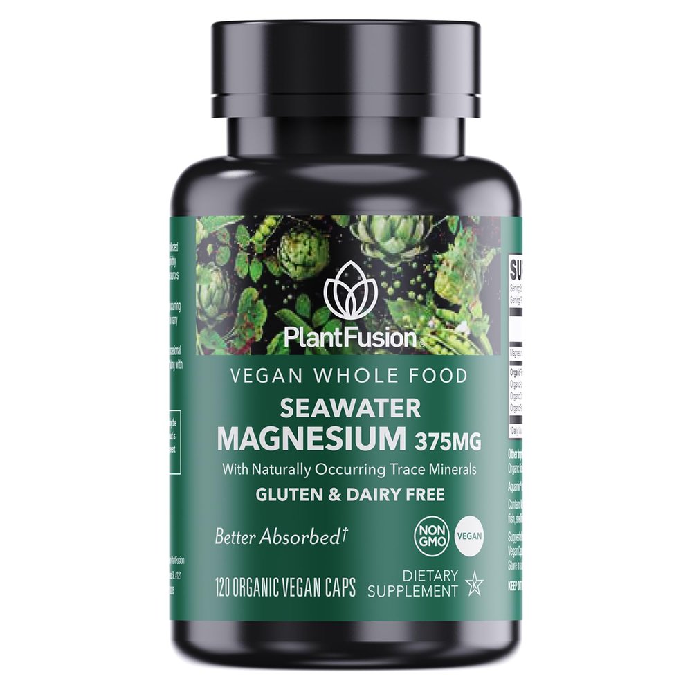 PlantFusion Vegan Magnesium Complex 375mg from Sea Water, Bioavailable Marine Magnesium with Fermented Organic Whole Food Blend, Non-GMO, Muscle & Relaxation Support, 120 Cap