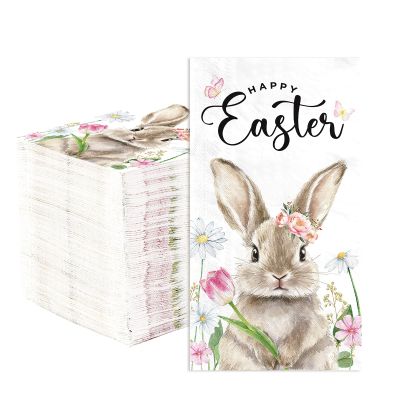 100 Pcs Easter Paper Napkins 3 Ply Watercolor Easter Bunny Napkins Disposable Rabbit Flower Napkins Guest Hand Towels Bathroom Kitchen Supplies for Spring Holiday Easter Party Lunch Dinner Table Decor
