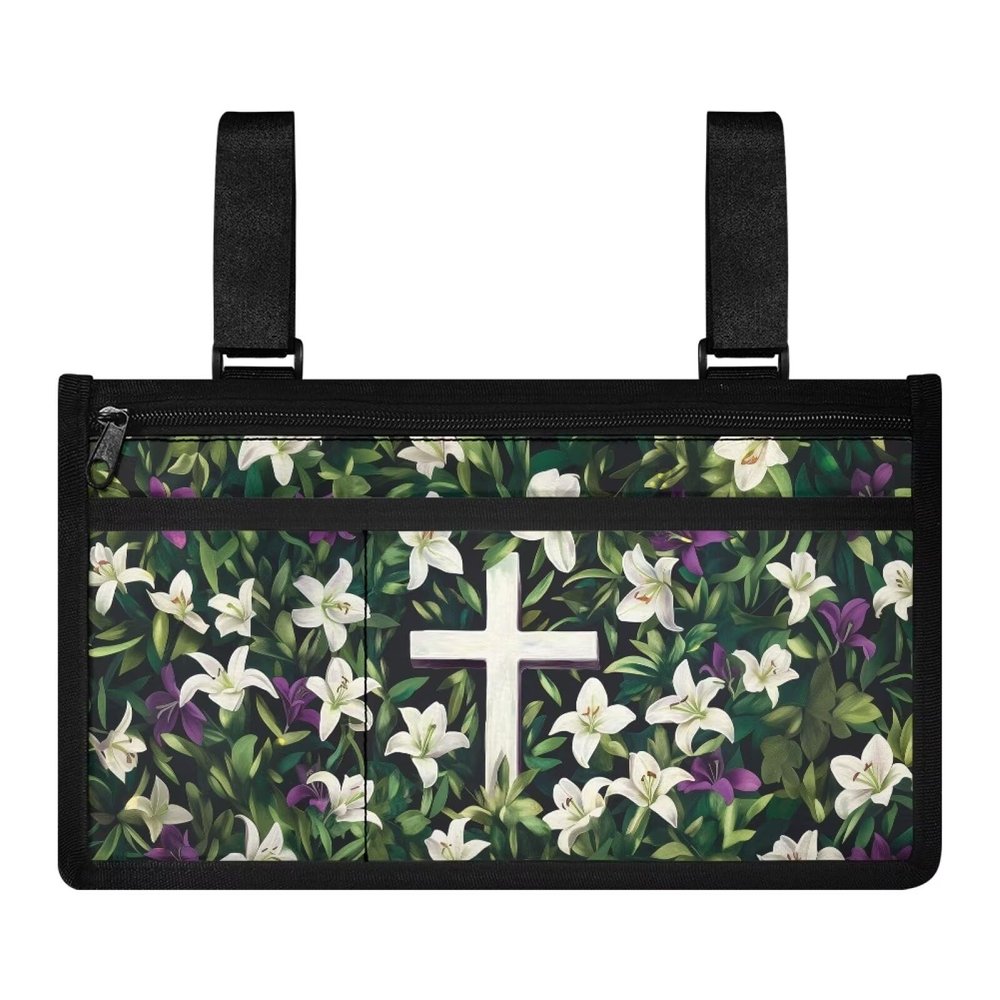 Qehuruxo Crucifix Lilies Wheelchair Side Bag Wheel Chair Accessories Adults Electric Wheelchair Accessories for Most Wheelchairs, Walkers or Rollators