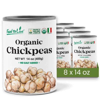 Food to Live Organic Canned Chickpeas, 14 oz (Pack of 8) - Unsalted Non-GMO Garbanzo Beans. Vegan. USDA Certified Organic. Good Source of Fiber and Protein. Wholesale. Made in Italy