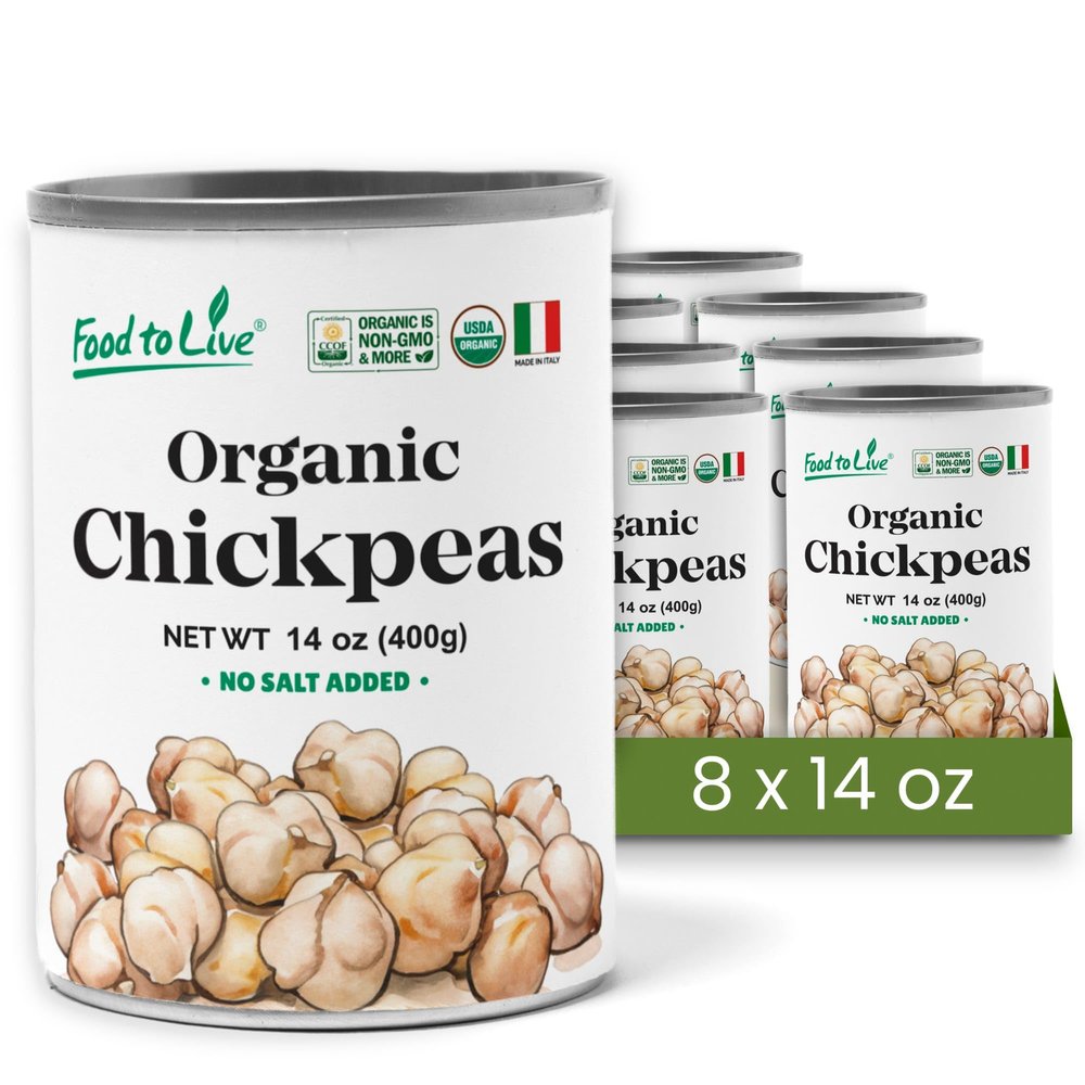 Food to Live Organic Canned Chickpeas, 14 oz (Pack of 8) - Unsalted Non-GMO Garbanzo Beans. Vegan. USDA Certified Organic. Good Source of Fiber and Protein. Wholesale. Made in Italy