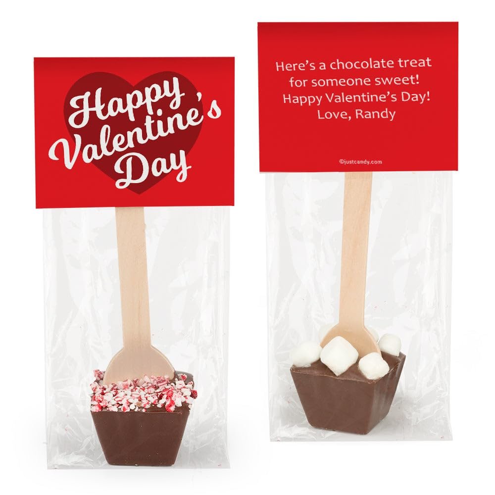 12ct Personalized Valentine's Day Favors Hot Chocolate Spoons Gourmet Dark Chocolate with Crushed Peppermint (12 Pack) - Script Heart