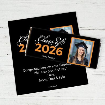 25 Pack Personalized Graduation Class of 2026 Candy Bar Wrapper Party Favors For Senior Gifts, Table Decoration, Dessert Tables & More - Orange (Candy Not Included)
