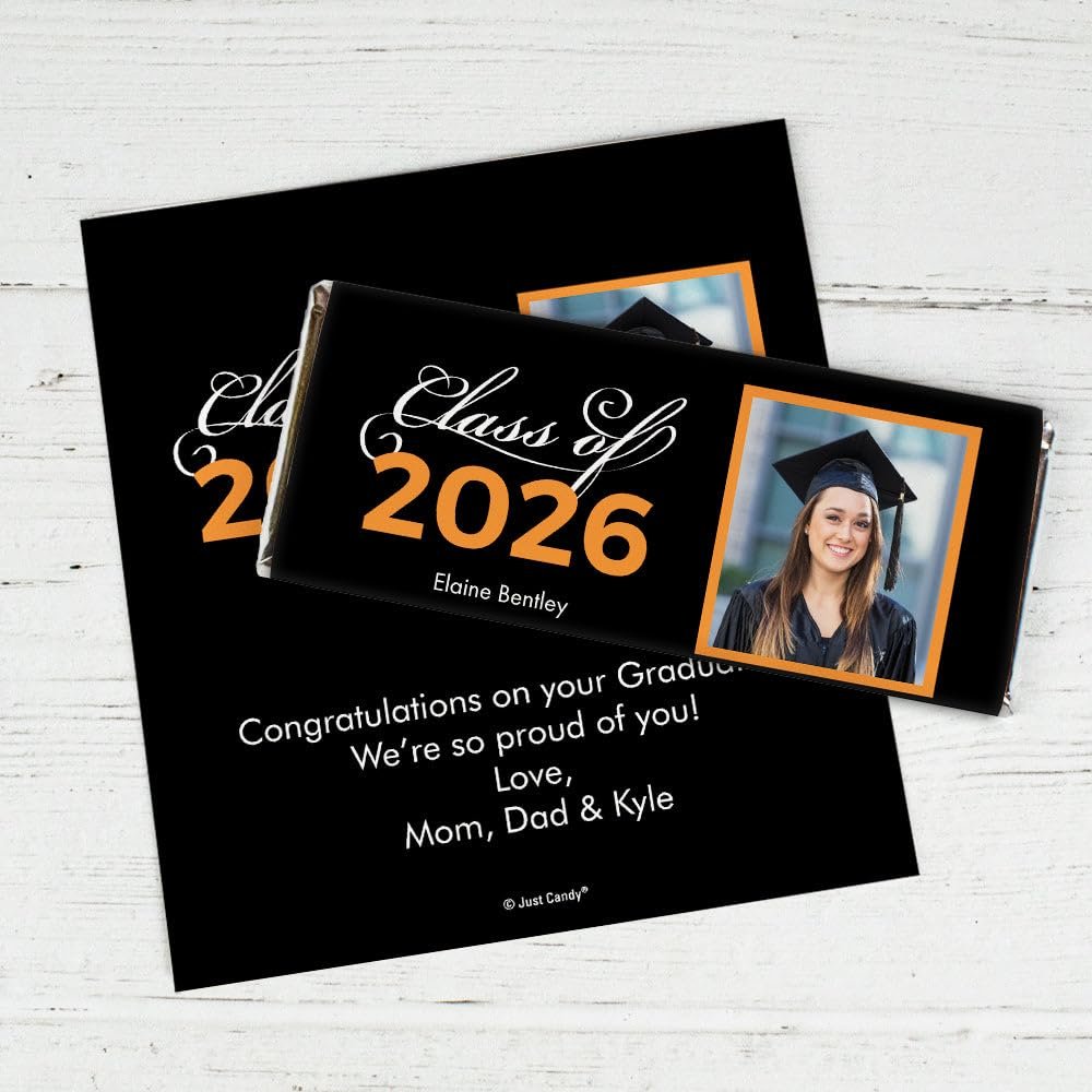 25 Pack Personalized Graduation Class of 2026 Candy Bar Wrapper Party Favors For Senior Gifts, Table Decoration, Dessert Tables & More - Orange (Candy Not Included)