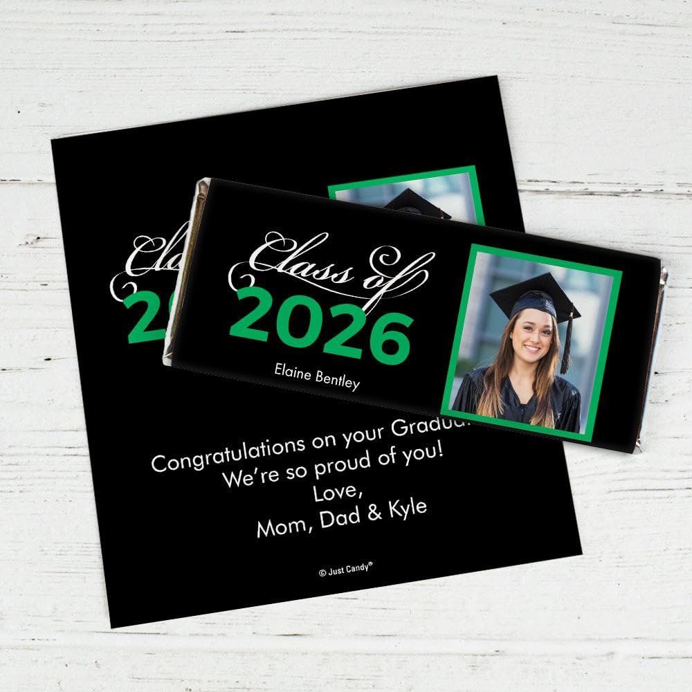 25 Pack Personalized Graduation Class of 2026 Candy Bar Wrapper Party Favors For Senior Gifts, Table Decoration, Dessert Tables & More - Green (Candy Not Included)