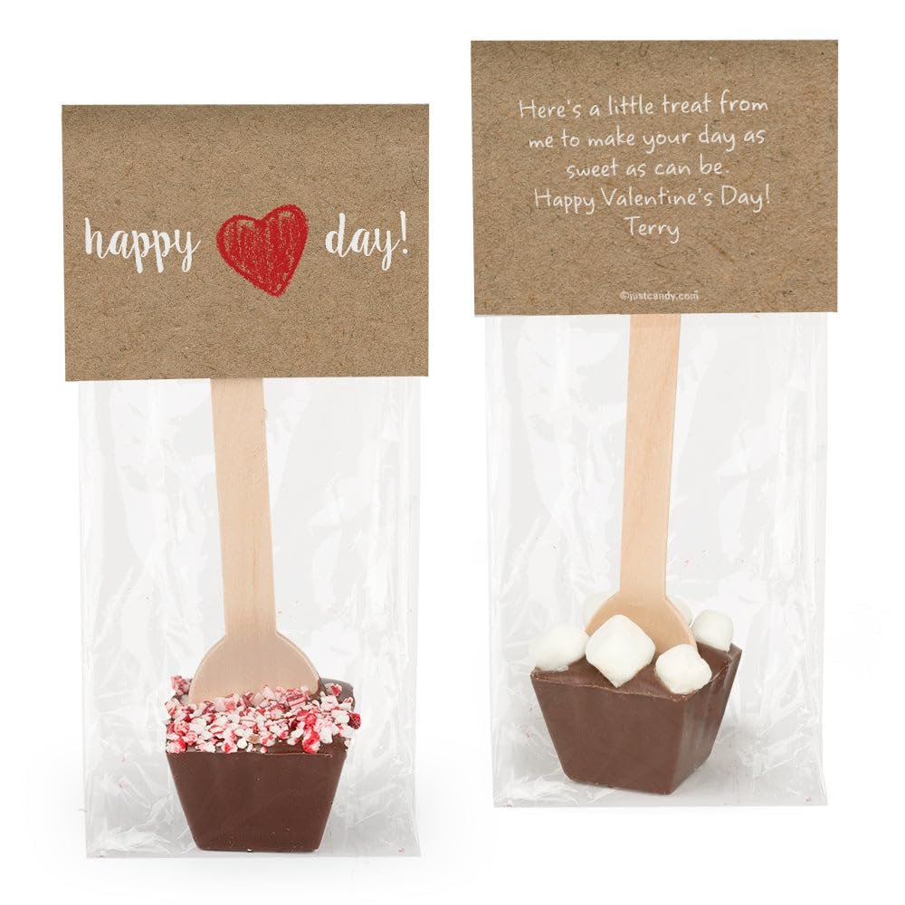 12ct Personalized Valentine's Day Favors Hot Chocolate Spoons Gourmet Dark Chocolate with Crushed Peppermint (12 Pack) - Red Heart