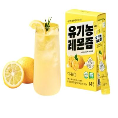 DAJEONGHEON Organic Lemon Juice Stick Packets - 100% Pure Cold-Pressed NFC Lemon Juice, No Water Added, Convenient Portable Packets for Detox, Water & Tea, 14 Count (9.87 oz, 280g), Contains 1 Whole Lemon Per Packet
