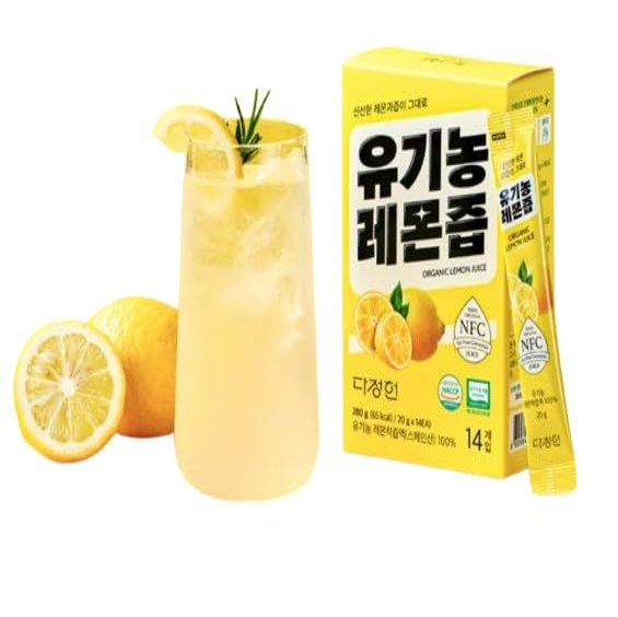 DAJEONGHEON Organic Lemon Juice Stick Packets - 100% Pure Cold-Pressed NFC Lemon Juice, No Water Added, Convenient Portable Packets for Detox, Water & Tea, 14 Count (9.87 oz, 280g), Contains 1 Whole Lemon Per Packet