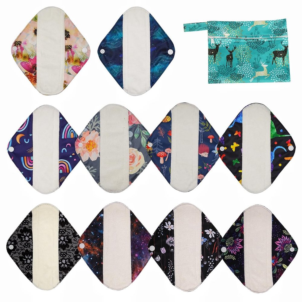 ReUseLife 11 Pack 8 Inch Cloth Menstrual Pads,Reusable Sanitary Pads,Washable Panty Liner,Unscented,Random