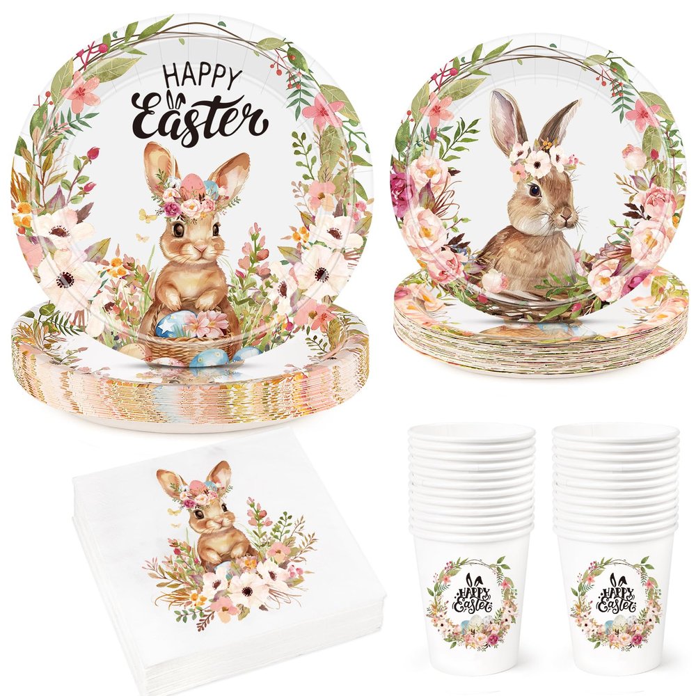 100Pcs Easter Party Decorations, Easter Tableware Set Serve 25 Guests 9" Dinner Plates 7" Dessert Plates 9OZ Paper Cups Napkins, Disposable Dinnerware Set, Paper Plate Bunny Egg Party Supplies