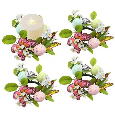 4 PCS Candle Rings Wreaths,Artificial Butterflys White Berry Multicoloured Flower with Faux Eucalyptus Leaves Wreaths Rings, Candle Holder Wreath Decoration Faux Wreaths