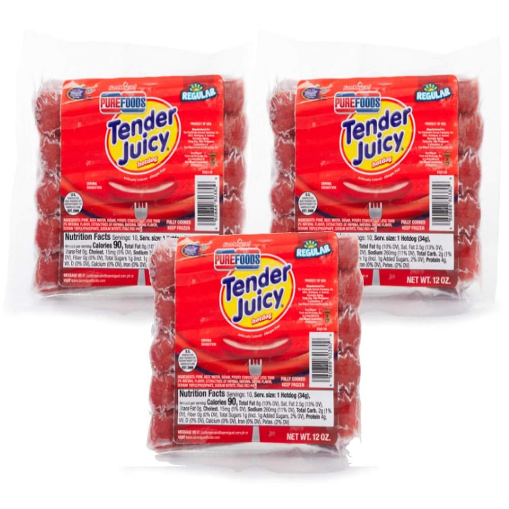 Purefoods Tender Juicy Hotdog Regular, 3 Packs (12 oz), Filipino Favorites, Filipino Food