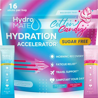 HydroMATE Electrolytes Powder No Sugar Cotton Candy - 16 Sticks Instant Hydration Packets with Vitamin C to Boost Energy - Sugar Free Electrolytes to Support Hydration on Keto Diet & Party Recovery
