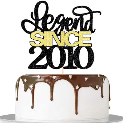 Migeaks Legend since 2010 cake topper, men and women cheer 16 years old happy birthday cake topper black gold glitter cake decoration supplies (2010, black gold)