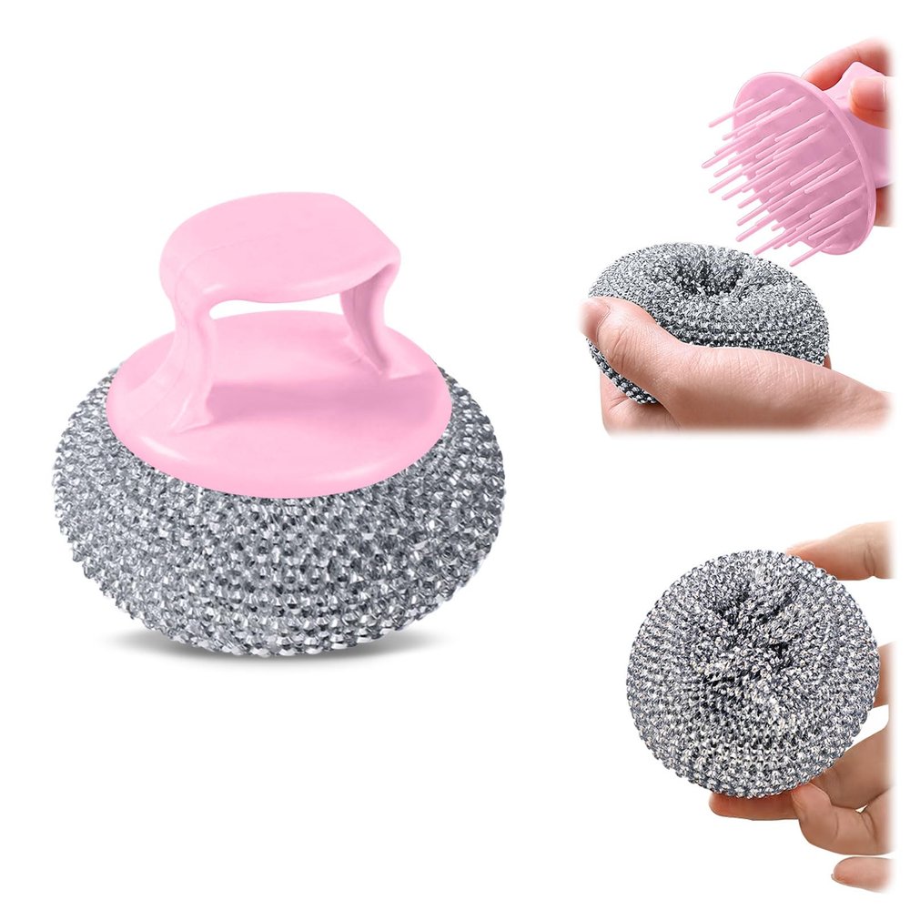 10er Pack Stainless Steel Wool Scrubber with Handle, Pot Scrubbers Dish Scrubber Cleaning Brush Wash for Dish, Stainless Steel Scrubbing Brushes Cleaning Supplies for Pots, Pans, Grills, Sink (Pink)