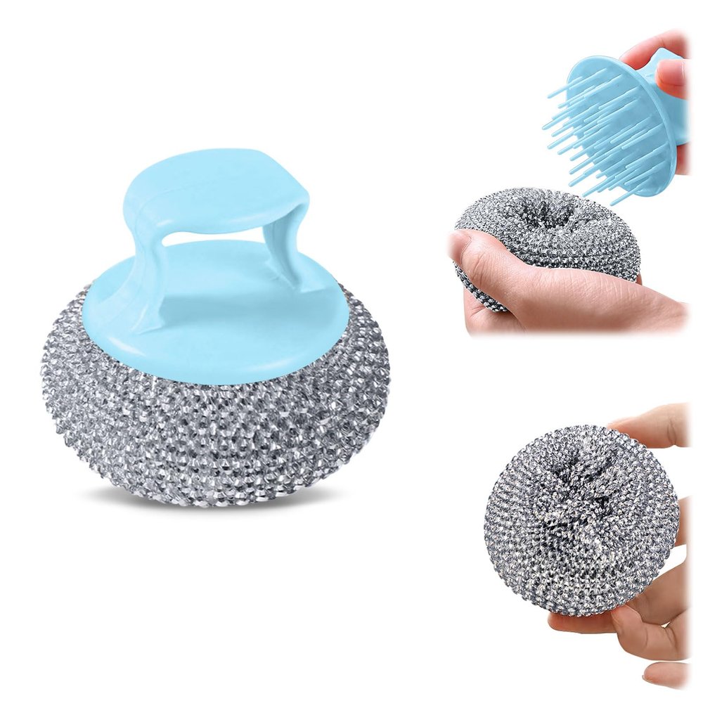 10er Pack Stainless Steel Wool Scrubber with Handle, Pot Scrubbers Dish Scrubber Cleaning Brush Wash for Dish, Stainless Steel Scrubbing Brushes Cleaning Supplies for Pots, Pans, Grills, Sink (Blue)