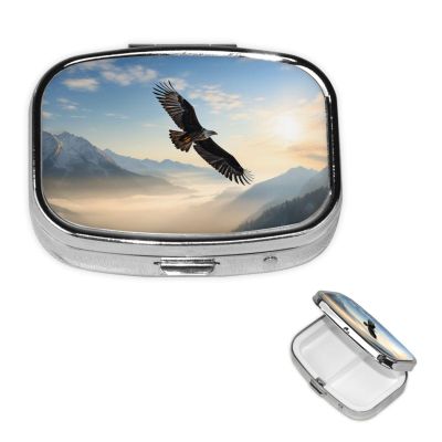 Pill Box Eagle Mountains Square Pill Case for Purse & Pocket 2 Compartment Medicine Pill Organizer Portable Travel Pillbox Medicine Vitamin Cod Liver Oil Storage Box