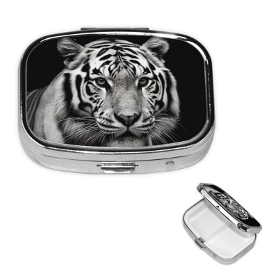 Pill Box Black and White Tiger Square Pill Case for Purse & Pocket 2 Compartment Medicine Pill Organizer Portable Travel Pillbox Medicine Vitamin Cod Liver Oil Storage Box