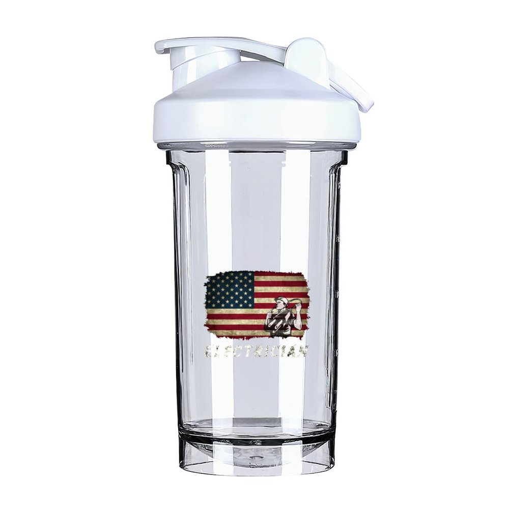America Flag Electrician 18 Ounce Shaker Bottle Drink Mixer Leak-proof Pre Workout Protein Shakes Meal Replacement Shakes Bottles 500ML/18 Oz White