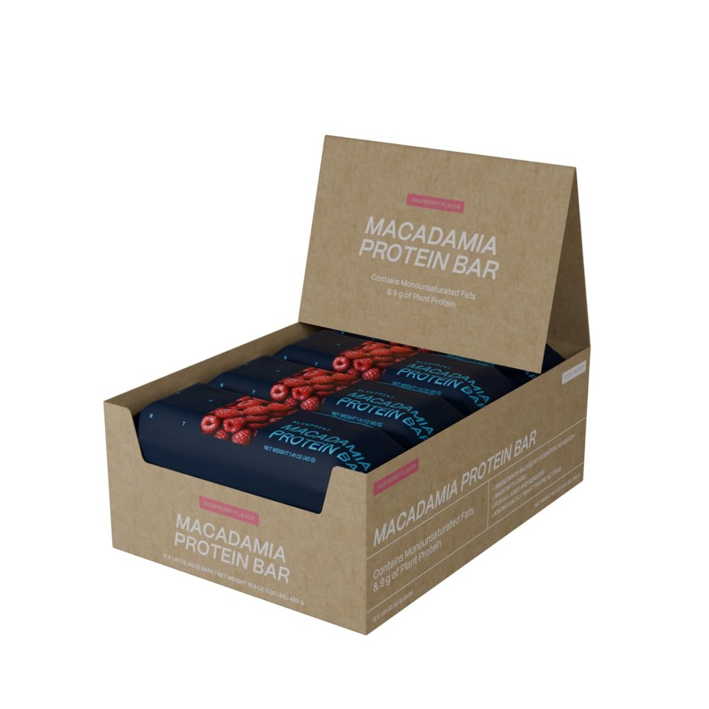 Blueprint Bryan Johnson Macadamia Nut Protein Bar - 9G Plant Protein - Healthy Fats - Supports Muscle Growth - Low Carb & Sugar - Natural Ingredients - Vegan Keto Snack (Raspberry - 12 Pack)