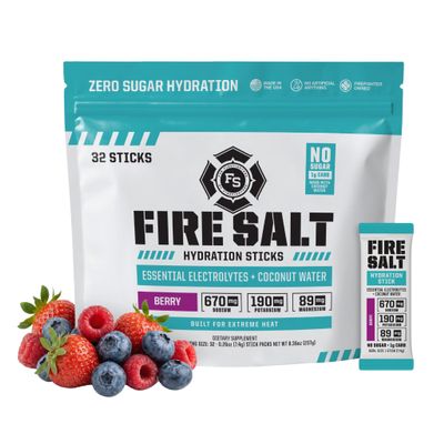Fire Science Fire Salt Hydration Sticks, Electrolytes & Coconut Water, Hydration Drink Mix with Magnesium, Potassium & Sodium, Zero Sugar, Single Serve On The Go Packs, Berry Flavor, 32 Count