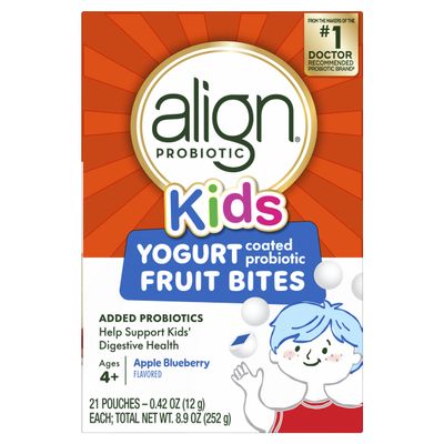 Align Probiotic, Kids Yogurt Coated Probiotic Fruit Bites, Added Probiotics Help Support Kids' Digestive Health, Apple Blueberry Flavored, 21 Individually Wrapped Pouches, 105 Bites