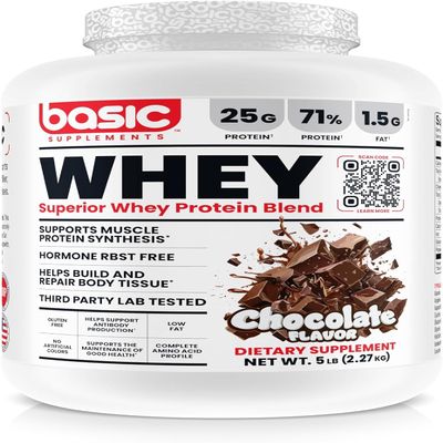 BASIC SUPPLEMENTS Whey Protein Powder, 25g Protein, Complete Amino Acid Profile, Gluten-Free, Low Fat, RBST-Free, Supports Muscle Recovery & Antibody Health