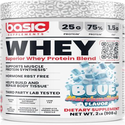 BASIC SUPPLEMENTS Whey Protein Powder, 25g Protein, Complete Amino Acid Profile, Gluten-Free, Low Fat, RBST-Free, Supports Muscle Recovery & Antibody Health
