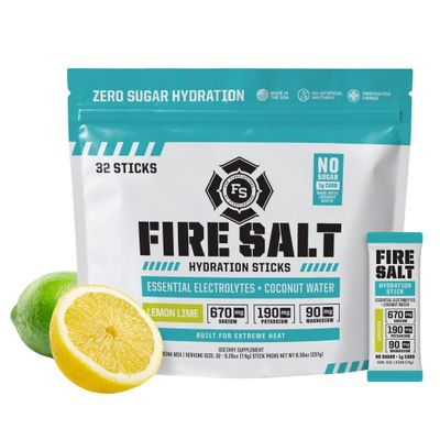 Fire Science Fire Salt Hydration Sticks, Electrolytes & Coconut Water, Hydration Drink Mix with Magnesium, Potassium & Sodium, Zero Sugar, Single Serve On the Go Packs, Lemon Lime Flavor, 32 Count