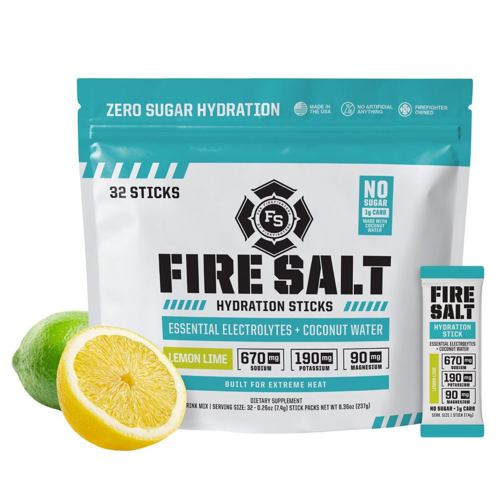 Fire Science Fire Salt Hydration Sticks, Electrolytes & Coconut Water, Hydration Drink Mix with Magnesium, Potassium & Sodium, Zero Sugar, Single Serve On the Go Packs, Lemon Lime Flavor, 32 Count