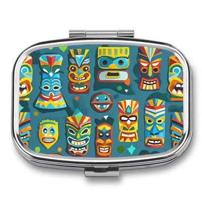 Colorful Tiki Mask Pattern Pill Organizer Cute Pill Box Decorative Metal Pill Case Portable Vitamin Organizer Travel Medicine Holder Mini Pill Storage Container for Purse