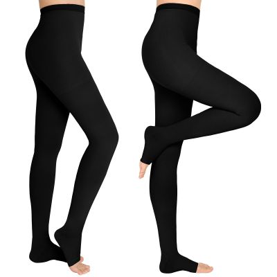 WEGITCS 2 Pairs 15-20 mmHg Compression Pantyhose, Open Toe Compression Stockings for Women, Waist High Opaque Compression Tights for Varicose Veins, Swelling, Doctor, Teacher(Black, XXL)