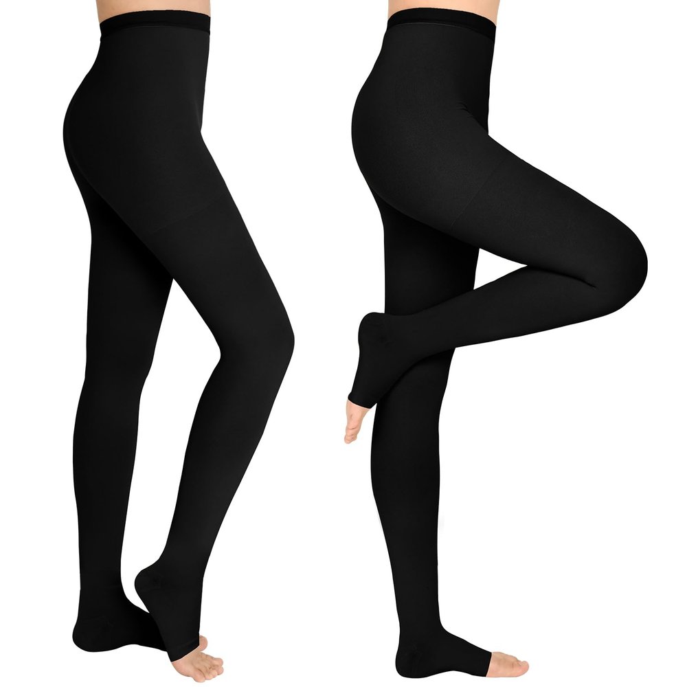 WEGITCS 2 Pairs 15-20 mmHg Compression Pantyhose, Open Toe Compression Stockings for Women, Waist High Opaque Compression Tights for Varicose Veins, Swelling, Doctor, Teacher(Black, XXL)