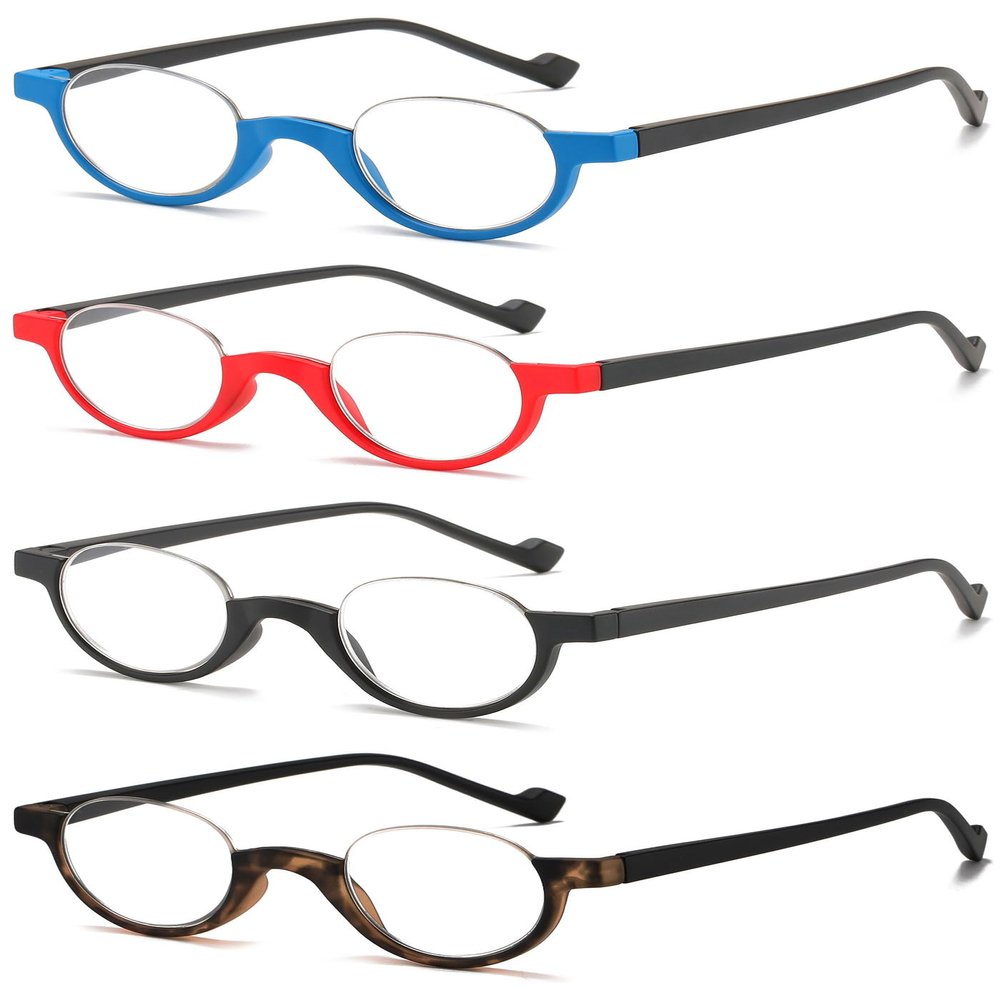 ABETOS 4 Pack Retro Half Frame Reading Glasses Half Moon Semi Rimless Readers Vintage Round Oval Eyeglasses Men Women, Tortoiseshell 3.0