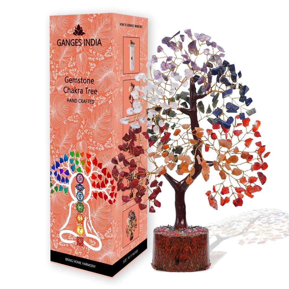 Gangesindia Seven Chakra Crystal Tree - Handmade with 7 Gemstones - Decorative Tree of Life for Wealth & Luck, Positive Energy Stone, Aura Cleansing, Home & Spiritual Dcor