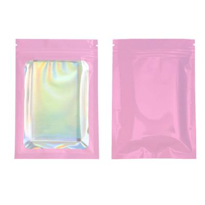 100 Piece Colored & Clear Window Holographic Foil Resealable Zipper Flat Bags for Food, Candy, Jewelry, Beauty, Party Favor Baggies (Pink, 7.87 inch x 11.81 inch)